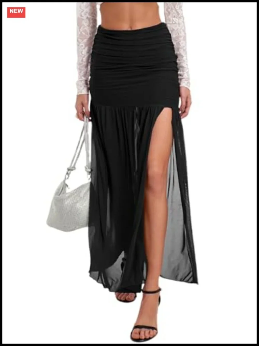 Women's Mesh Maxi Skirt Side Ruched Slit Hem Flowy Bodycon